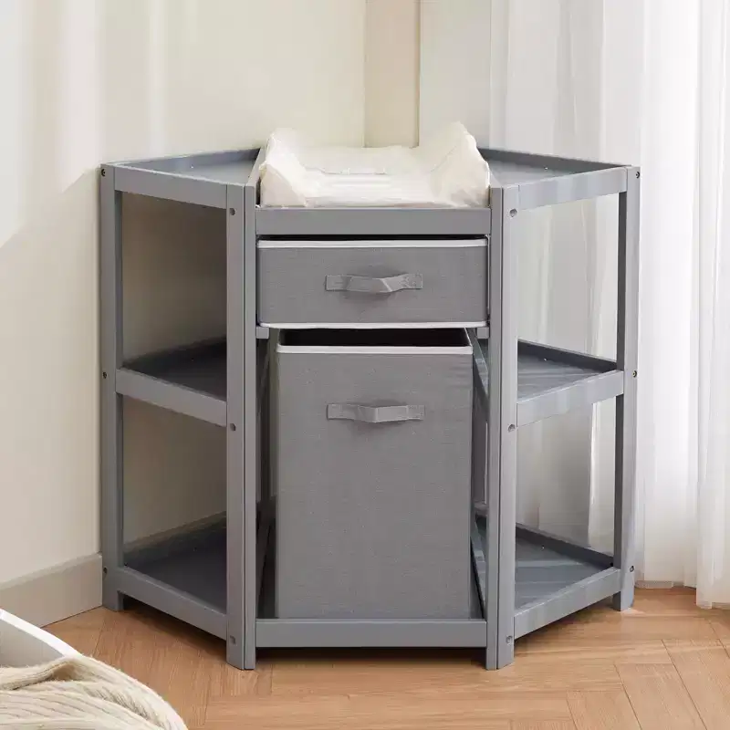 Baby Corner Changing Table, Gray, with Storage Drawer, Changing Pad & Laundry Hamper for Nursery