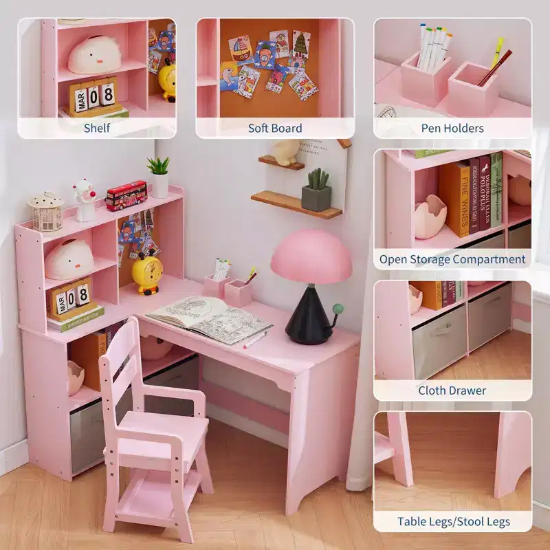 Kids Corner Desk, Desk and Chair Set for Children, L Shape Kids Study Table - Features Bulletin Board Open Shelves & Storage Cabinets