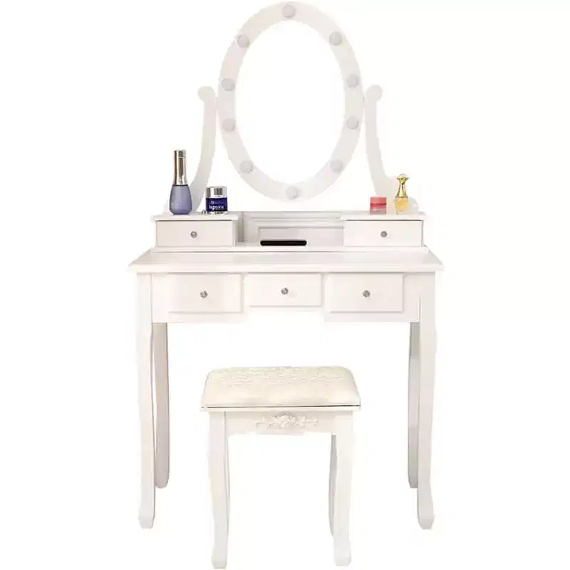 Vanity Desk, Girls Vanity Set with Mirror and Stool, Wooden 2 in 1 Princess Makeup Desk Dressing Table , Toddler Vanity Dresser Set with Drawer