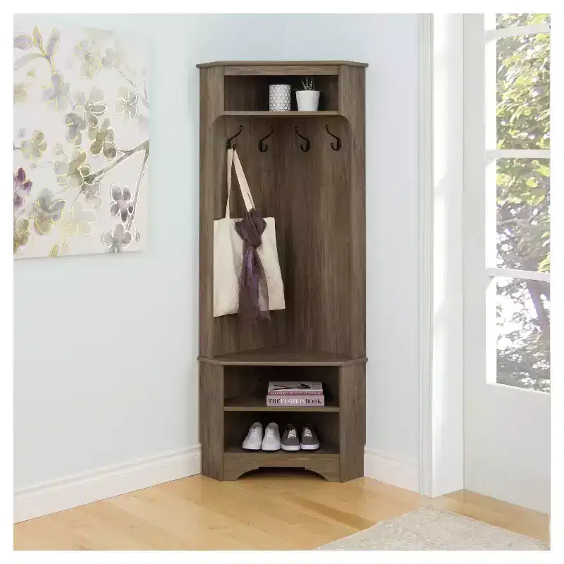 Driftwood Corner Hall Tree – Single, 4 Hooks & Shelves