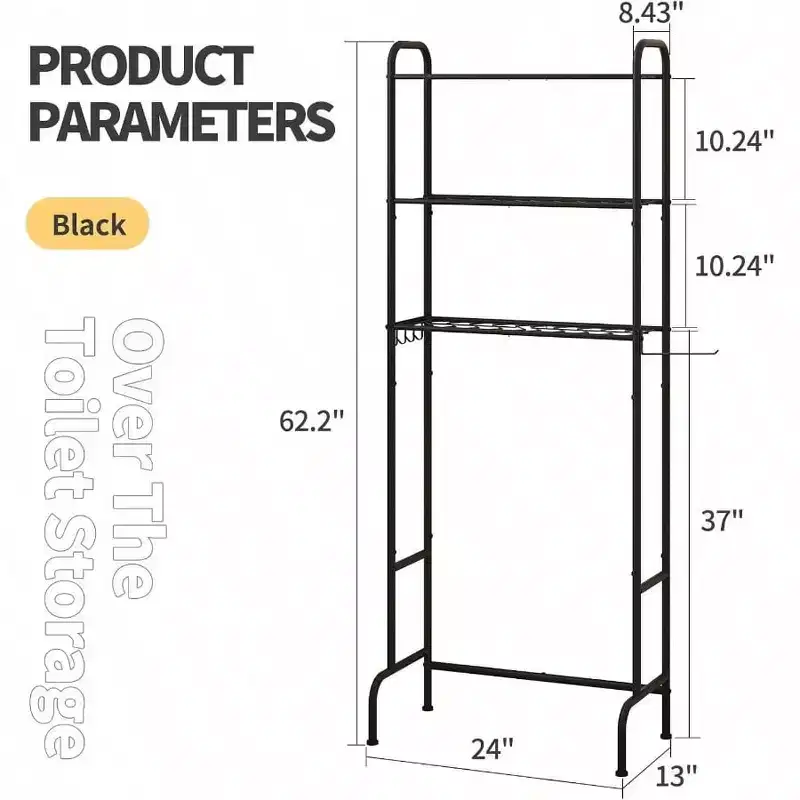 Over Toilet Storage 3 Tier Heavy Duty Metal Bathroom Organizer Freestanding Space Saver with Wide Shelves Towels Toilet Paper Black