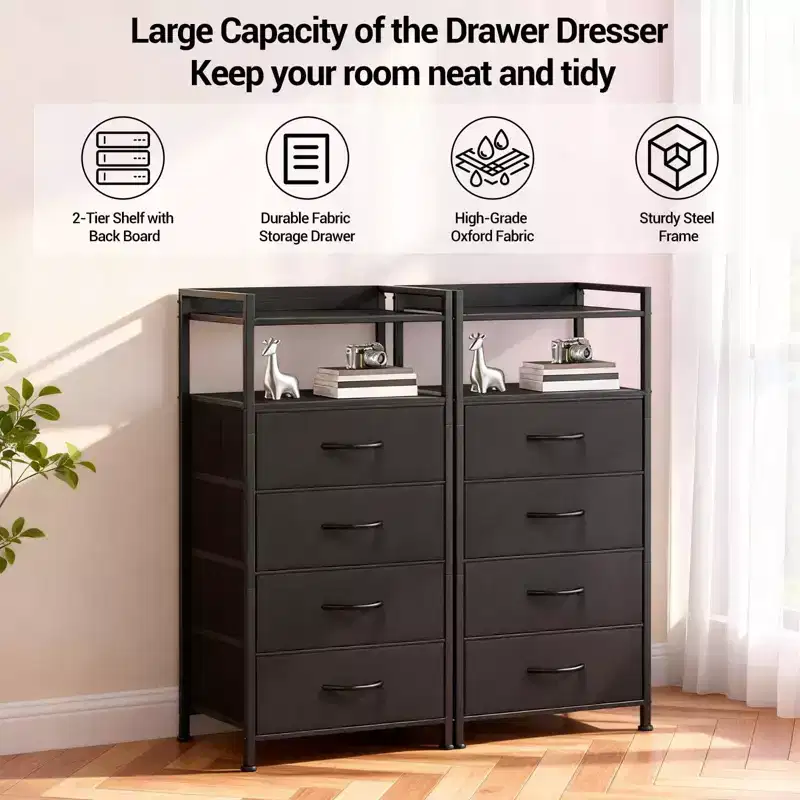 Modern Tall Bedside table with LED Lights - 4 Fabric Drawers, Top Shelf, Steel Frame, Narrow Cabinet for Bedroom, Dorm, Hallway Sofa Side Table