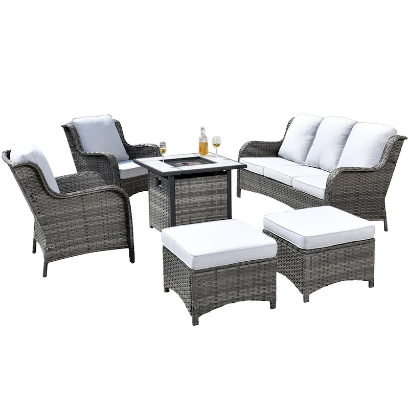OVIOS Grey Wicker 6-piece Patio Furniture Set With 30 Fire Pit
