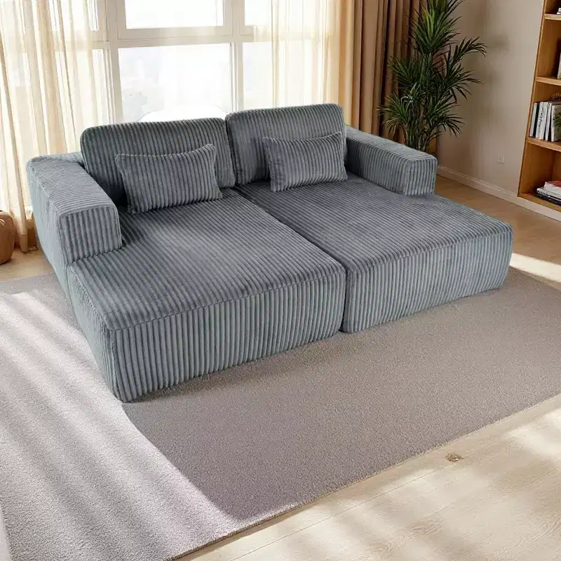 Corduroy Double Sofa Bed with 2 Pillows and Square Armrests