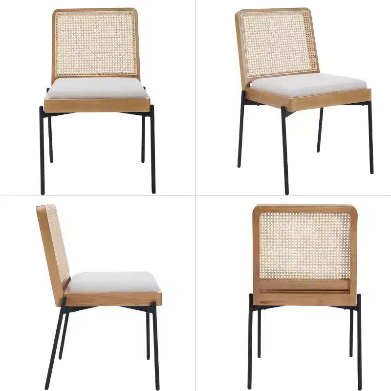 GDFStudio Becher Mid-Century Modern Rubber Wood and Linen Upholstered Dining Chair with Rattan Backrest (Set of 2)