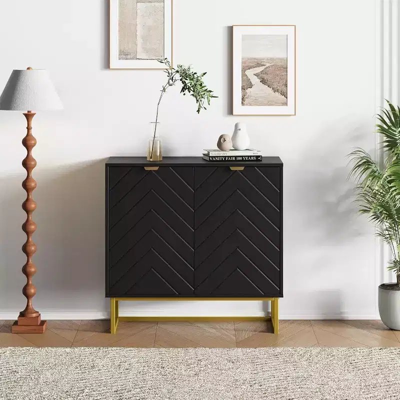 31.5W Modern Herringbone Wood Sideboard Buffet Cabinet with Gold Handles, 2-Door Credenza Console Table with Shelf for Dining Room and Entryway