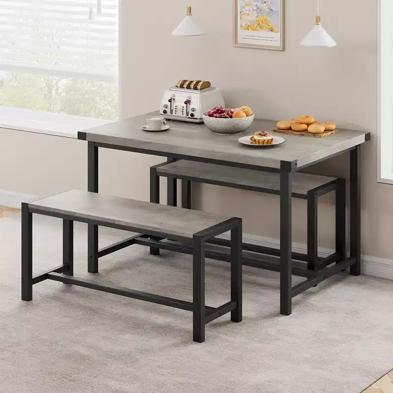 Dining Table and 2 Benches with Corner Protector, Dining Table Set for 4 with 2 Benches, Kitchen Table Set for 4-6 w/H-Shaped Frame for Small Space