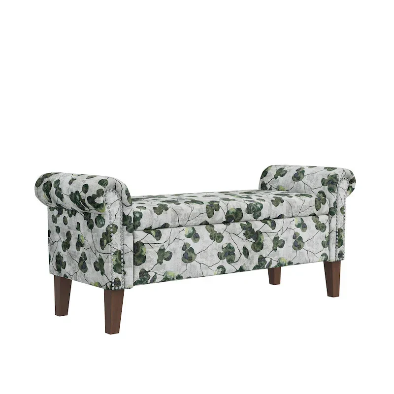 Traditional Rolled Arm Storage Bench Ottoman with Nailheads