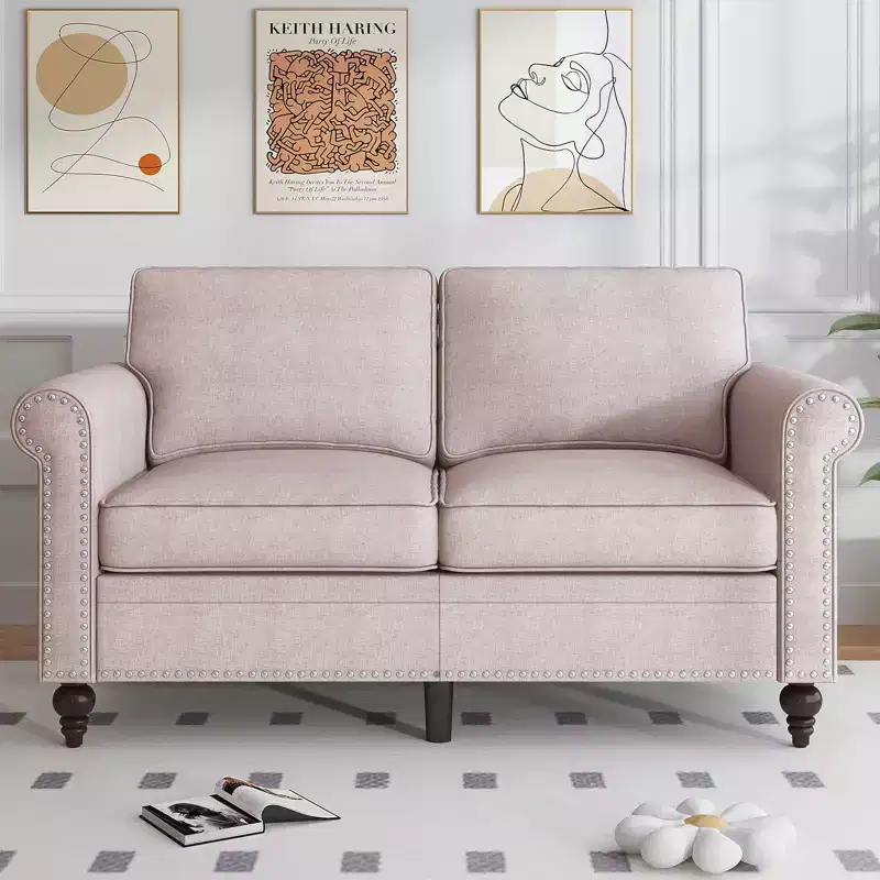 Modern 2-Seater Sofa Couches with Solid Wood Frame and 4 Gourd Shapes Legs For Living Room