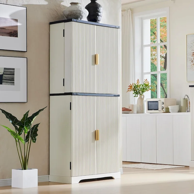 White / Natural Oak / Army Green 4-Door Fluted Storage Cabinet, 72