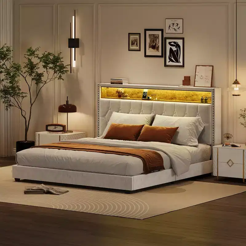 Velvet Platform Bed Frame with LED Storage Headboard, USB Charging, Nailhead Trim, Off White