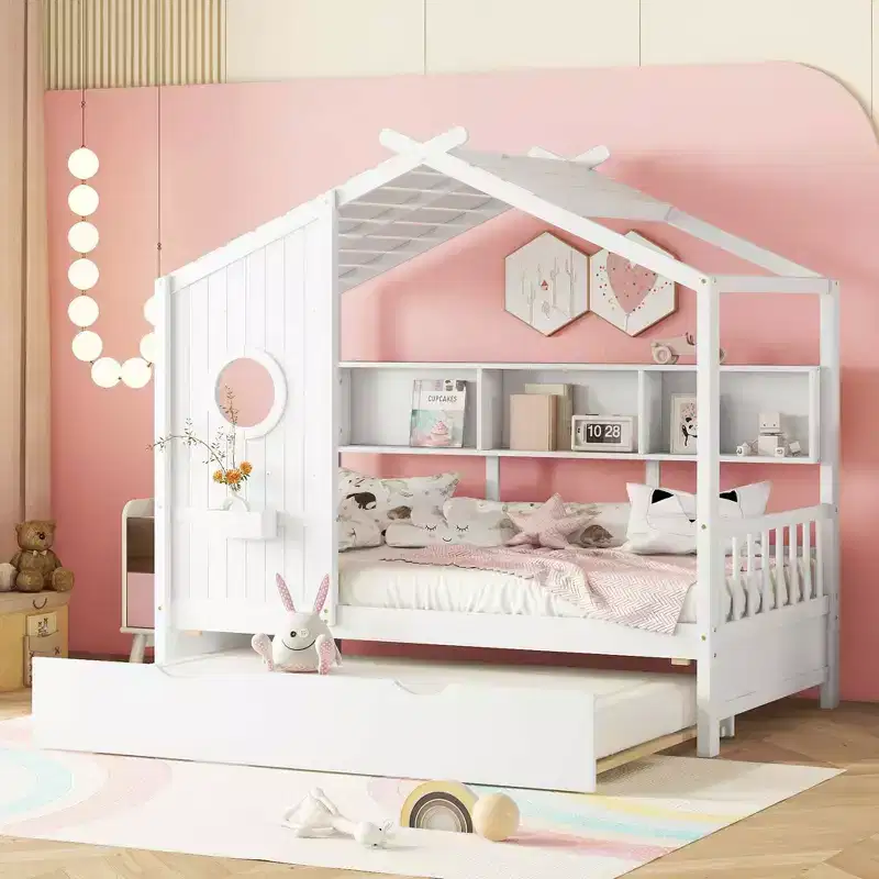 MAYEERTY Twin Size House Bed with Trundle Modern Design for Kids with Storage Shelf for Bedroom White