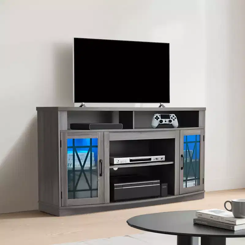 TV Stand for TVs up to 65 inch, Farmhouse Entertainment Center with Light Strip, Wooden TV Cabinet Storage with Glass Doors, Gray