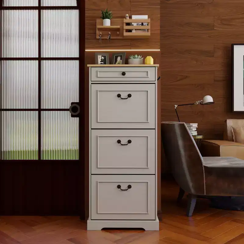 Okak Shoe Cabinet, Shoe Organizer with 3 Panel Flip Drawers and 1 Simple Drawers, Freestanding Shoe Rack for Entryway, Living Room, Hallway