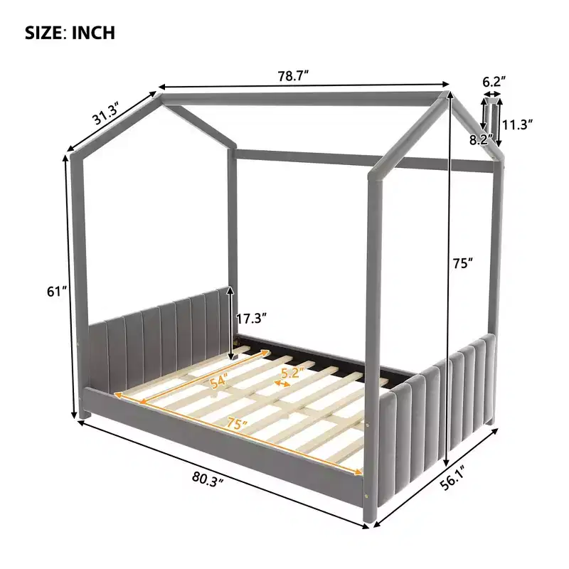 Luxystar Velvet House Bed for Kids' Room, Gray