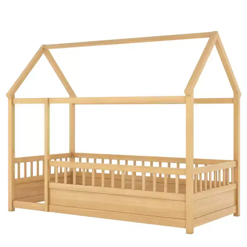 Twin Montessori Floor Bed with High Fence, House Bed for Kids, Natural