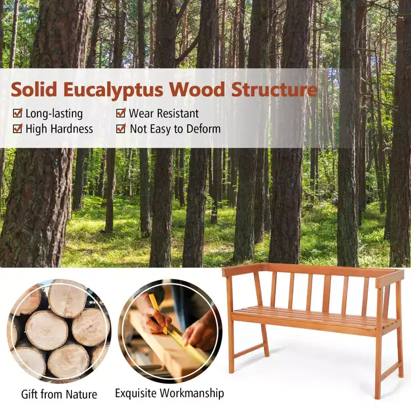 Costway Patio Eucalyptus Wood Bench 2-Person Slatted Seat Backrest 800 Lbs Natural