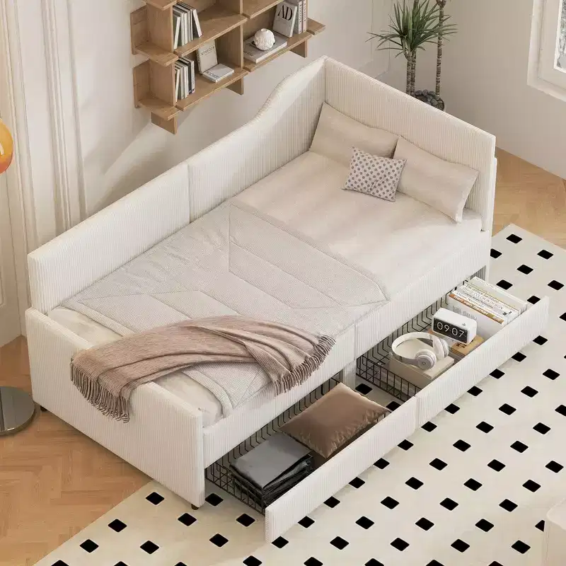 Whisen Twin Size L-Shaped Corduroy Daybed, Upholstered Bed Frame with 2 Storage Drawers