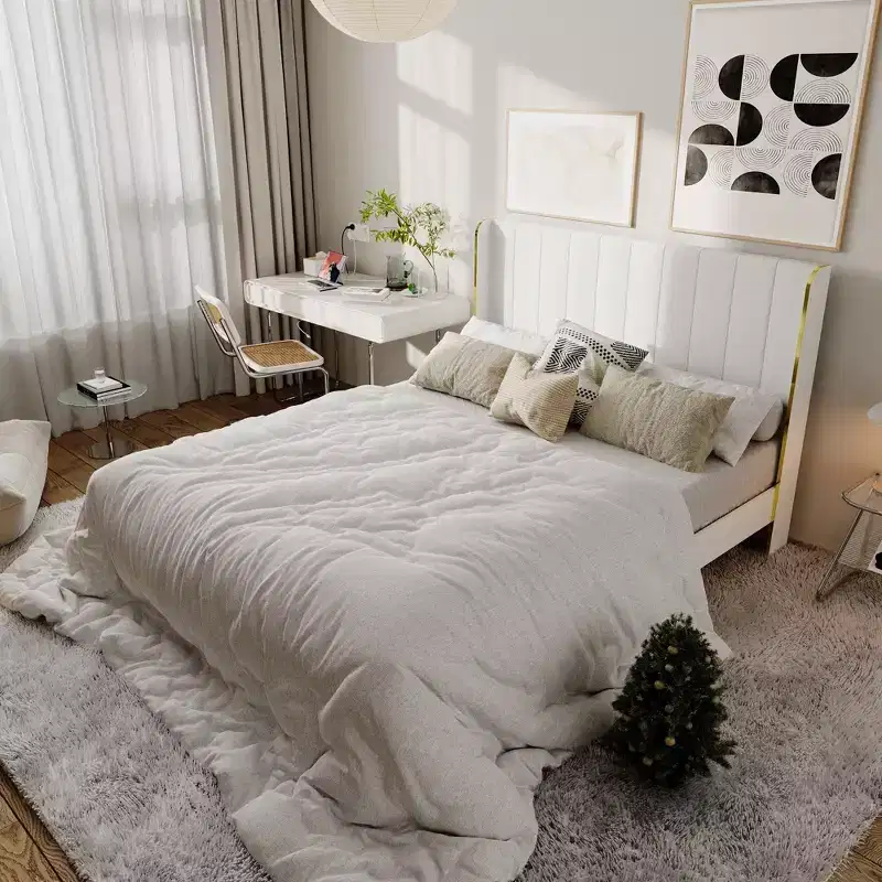 White Queen - Sized Sleek Mnimalist Bed Frame: Padded Backrest, Robust Structure, Golden Hued Luxury Legs, Constructing