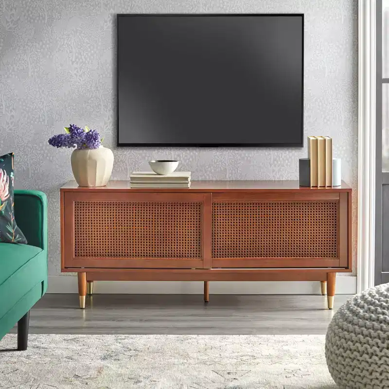 Allen TV Stand for TVs up to 60" with Faux Rattan Sliding Doors Walnut