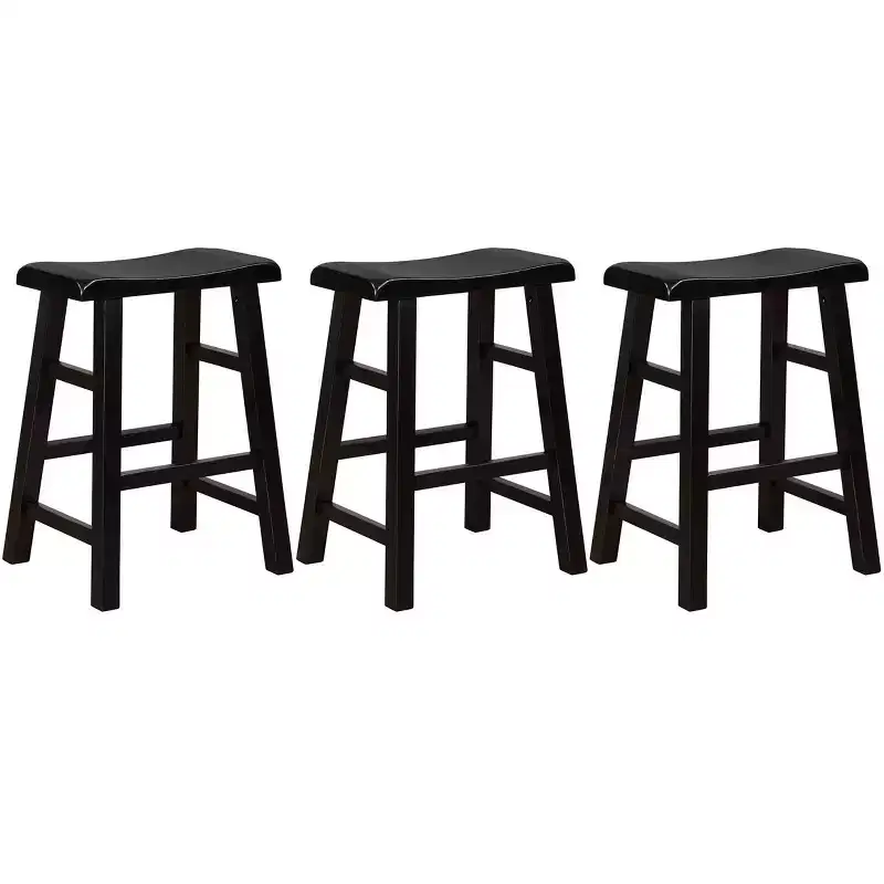 eHemco Heavy-Duty Solid Wood Saddle Seat Kitchen Counter Height Barstools, 24 Inches, Set of 3