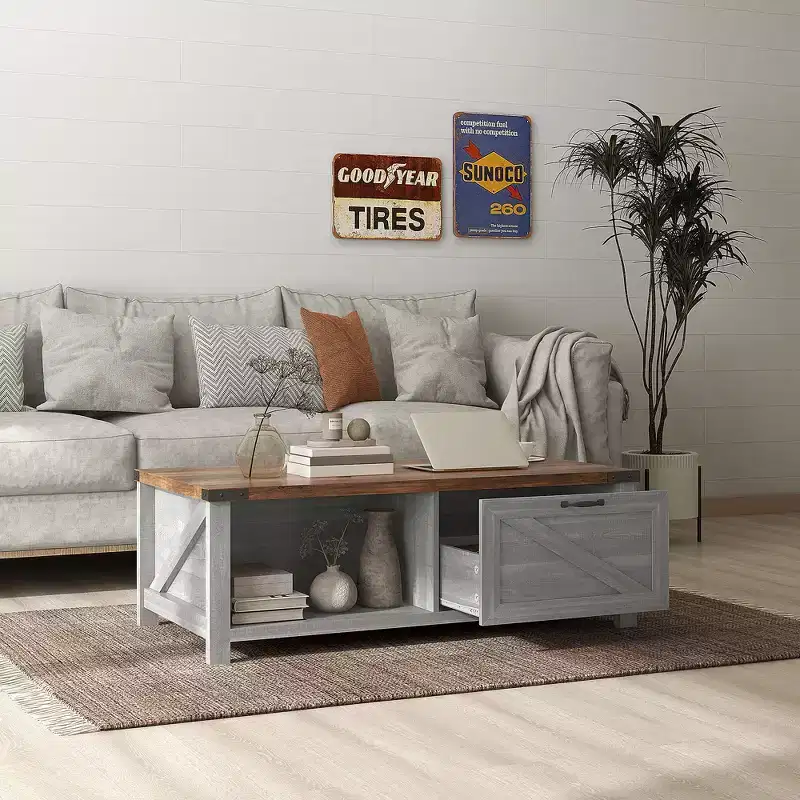 HOMCOM Farmhouse Coffee Table with Storage Drawer and Open Shelf, Rustic Coffee Table for Living Room