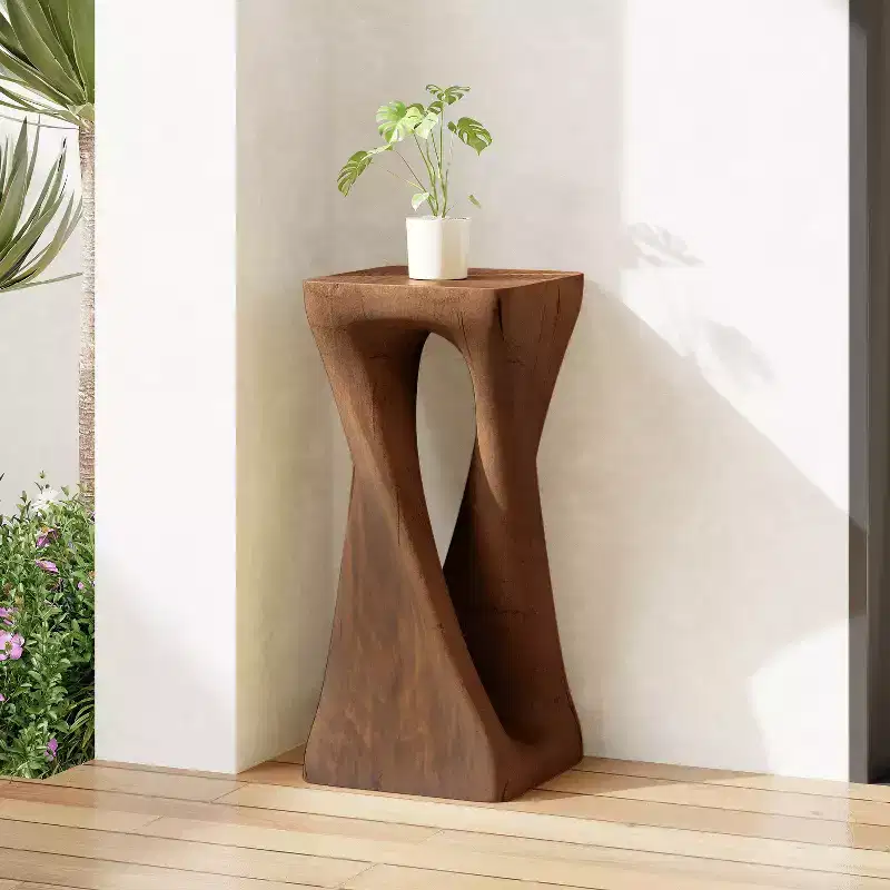 Retro Side Table End Table Wood-Like Texture Accent Table, Indoor/Outdoor Twist Shape Side Table - ModernLuxe