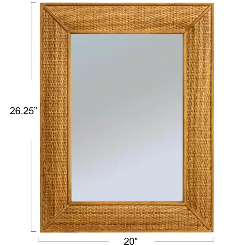 Storied Home Rectangle Wood Framed Wall Mirror with Rattan Detail, Brown