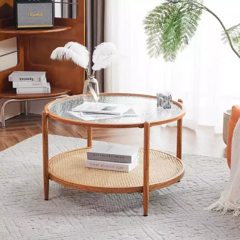Double-Layered Round Water Ripple Glass and PE Rattan Tabletop Matched with Heat Transfer Wood Grain Iron Frame Coffee Table