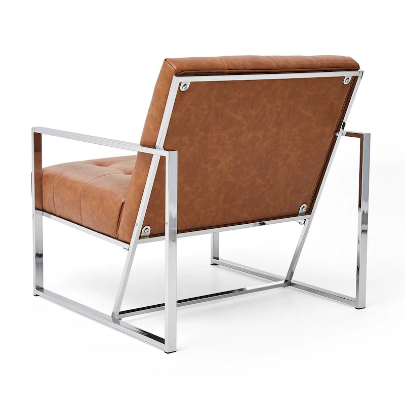Glitzhome 30.50H Cream Mid-Century PU Leather Tufted Accent Chair with Chrome Plated Frame