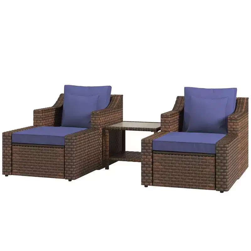5pc Patio Furniture Set, All Weather PE Rattan Conversation Chair and Ottoman Set w/ Table, Cushion Pillows