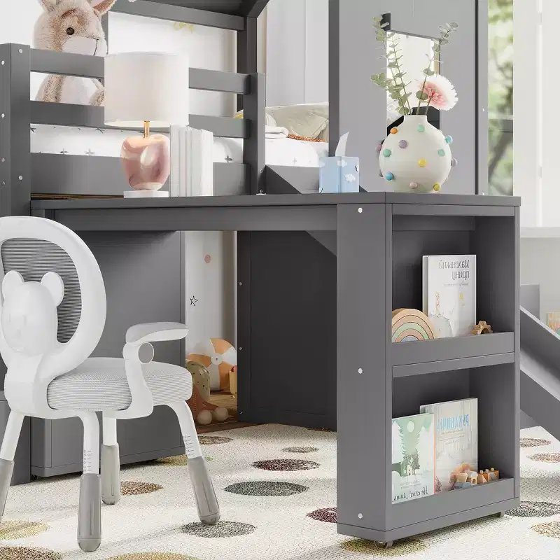 Wood Twin Loft Bed with Slide, Removable Desk & Storage Stairs