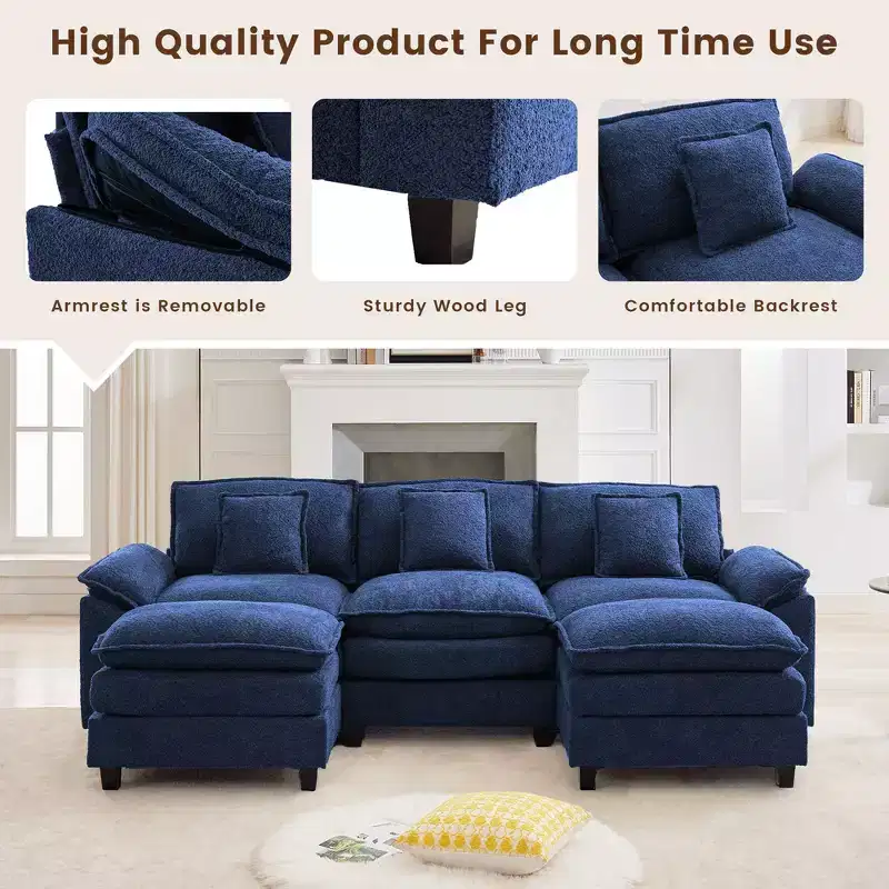 105.9 in. Chenille Fabric 5 seat Sectional Sofa with 2 Ottomans in Dark Blue