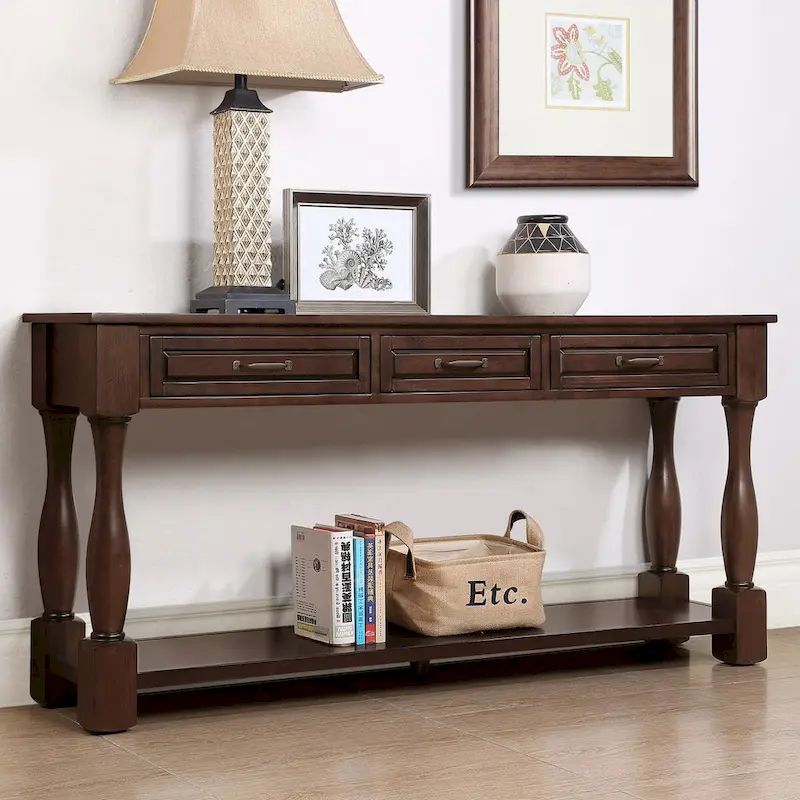 Solid Wood Console Table with 3 Drawers and Bottom Shelf - 63W