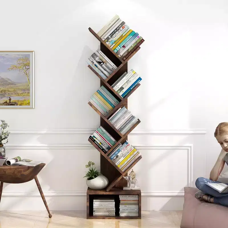 8-Tier Tree Bookcase with Storage, Tall Floor Standing Shelf for Living Room Bedroom Home Office, Multi-Functional Organizer with Wood Tone Finish