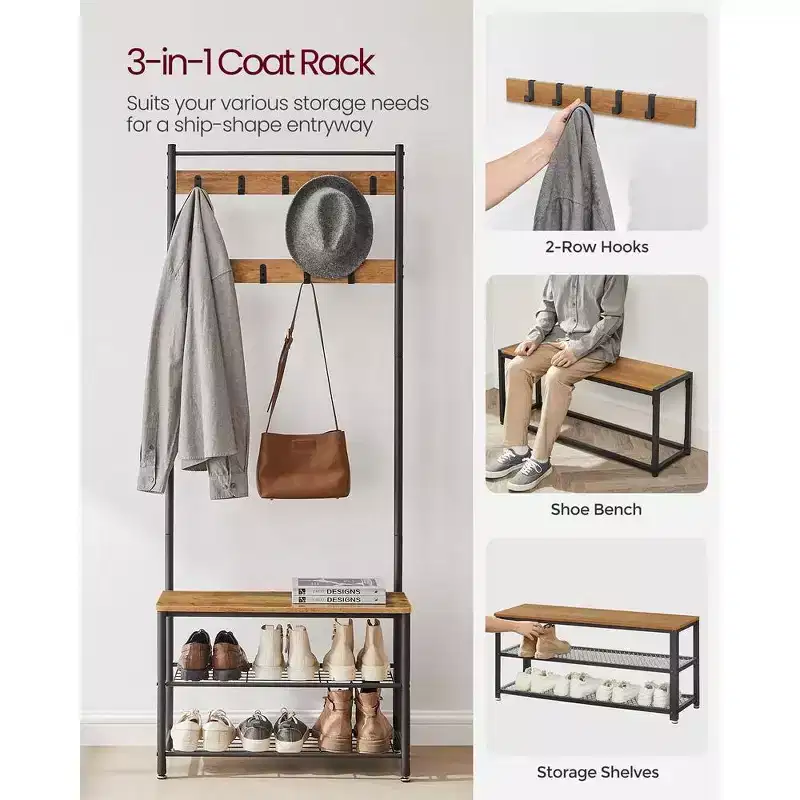 Hall Tree Entryway Coat Rack with Shoe Bench – Rustic Walnut & Black