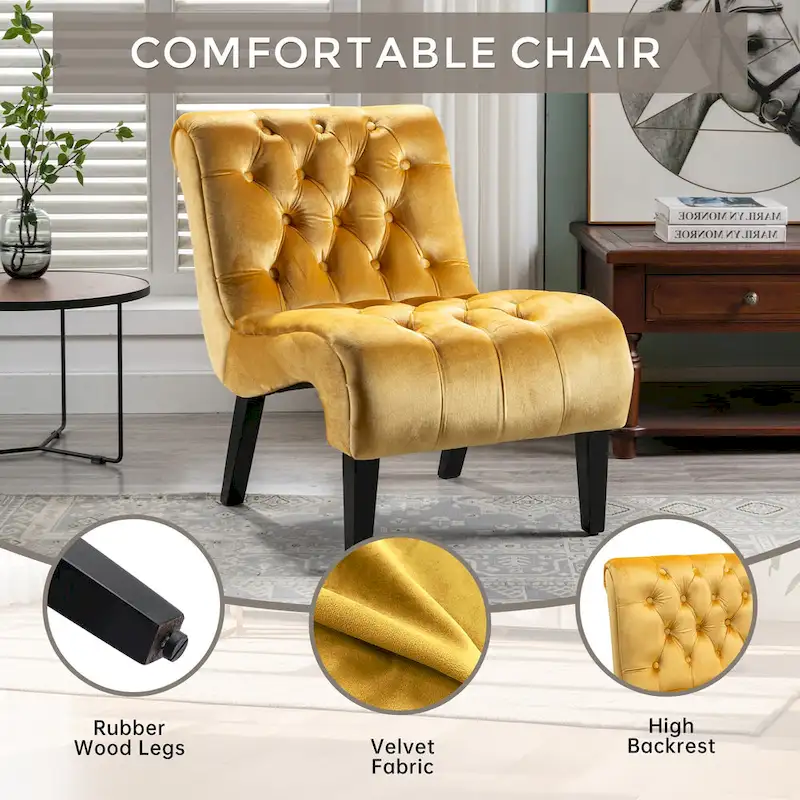 Velvet Armless Accent Chair with Wooden Legs and Thick Cushioned Seat