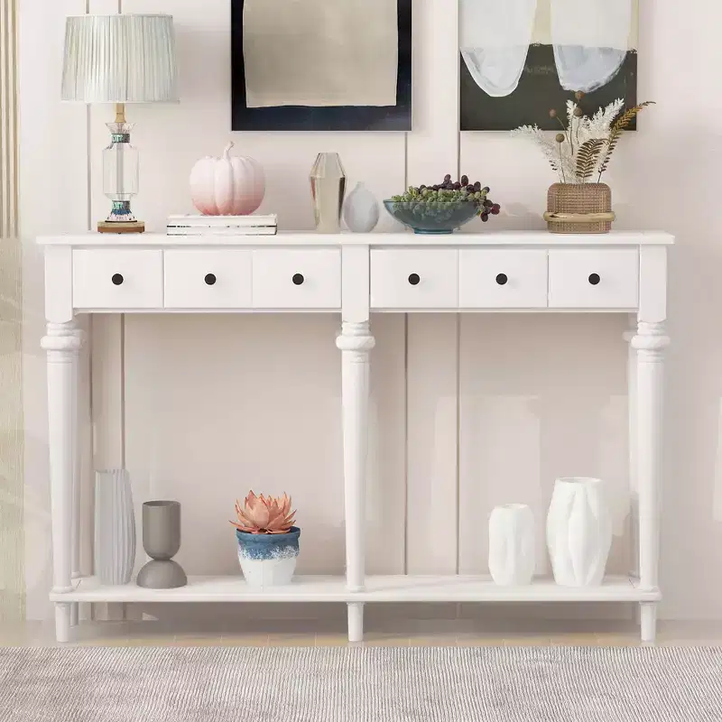 59.8IN Retro Entryway Table with 4 Drawers, Narrow Console Table with Open Shelves, Hallway Table for Living Room, Foyer, White