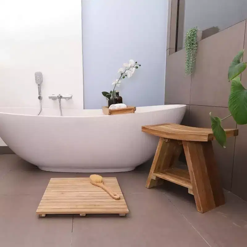 Solid Teak Wood Shower & Bath Stool with Curved Seat & Lower Shelf, Natural