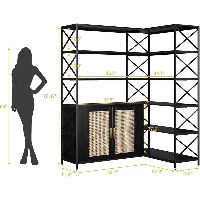Coolmee 6 Tier Corner Bookshelf, Industrial Etagere Bookcase, Large L Shaped Storage Display Shelf for Home Office, Living Room, Kitchen