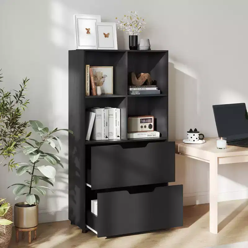 Set of 2 5-Tier 4-Cube Bookcase with 2 Drawers, 51-Inch, Black/White