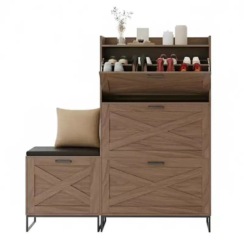 Brown Farmhouse Shoe Storage Cabinet with Bench & Flip Drawers, Holds 30 Pairs