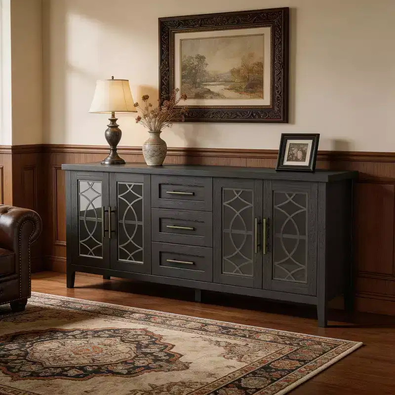 65 Farmhouse TV Stand for TVs up to 70 - Mid-Century Modern Entertainment Center with 2 Glass Doors & 3 Drawers - Wood Media Console