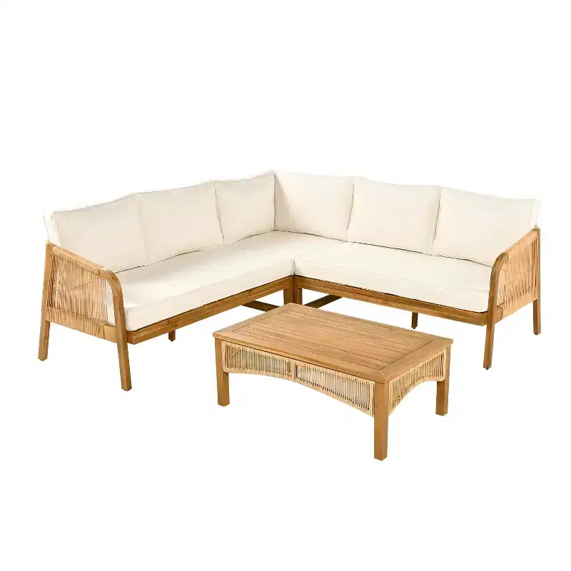 Christopher Knight Home Doretta Outdoor Acacia Wood and Rattan L Shape 5 Seater Seating Set with Cushions