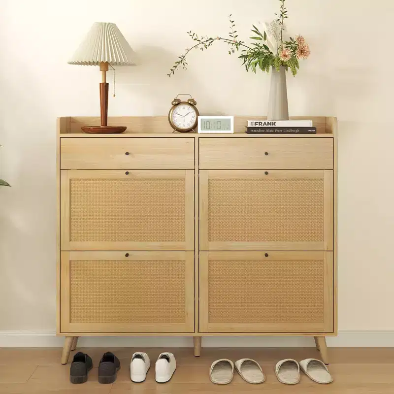 Rattan Shoe Cabinet Storage, Large Shoe Cabinet Freestanding Organizer with Wood Legs and 4 Flip Drawers