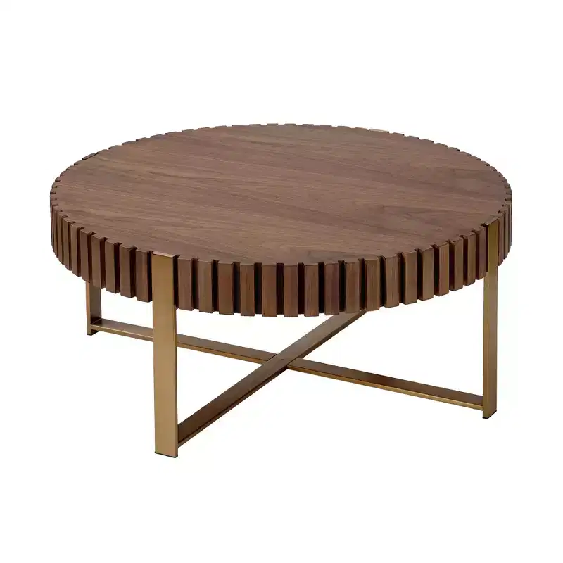 Brown Round Ribbed Metal Coffee Table, 1-Person