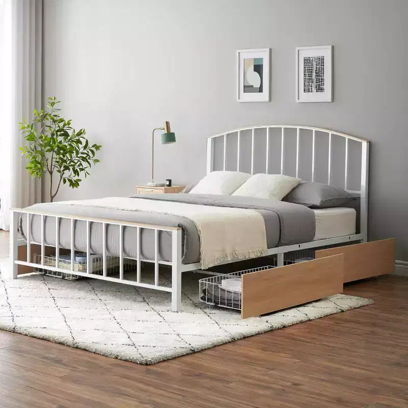 Bed Frame with Storage Drawers, White Metal Platform Bed with Headboard, 4 Large Drawers & Stable Support, No Box Spring Needed