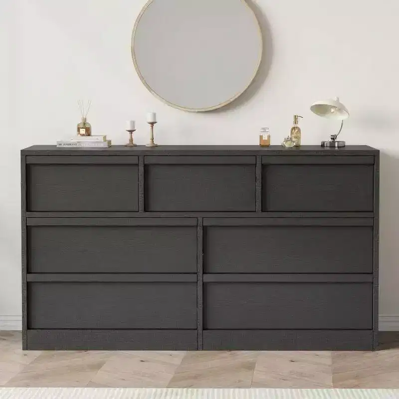 Acekool 7 Drawer Dresser for Bedroom, Wooden Storage Cabinet with Concave Handles, Modern Chest of Drawers Organizer, Black