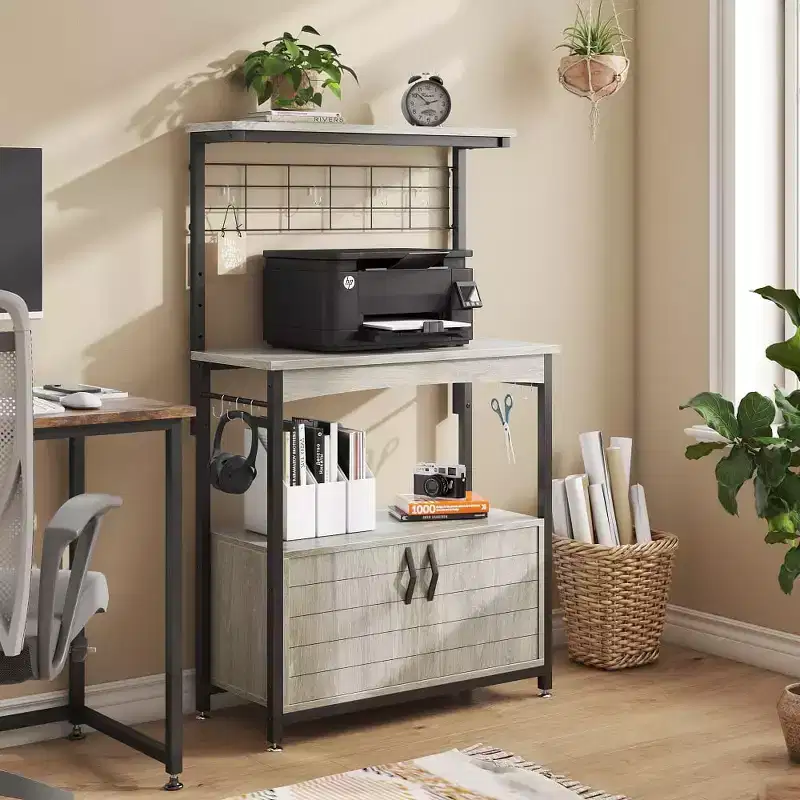 Height-Adjustable Microwave Stand Baker's Rack with Cabinet, Hooks & Wheels, Kitchen Storage