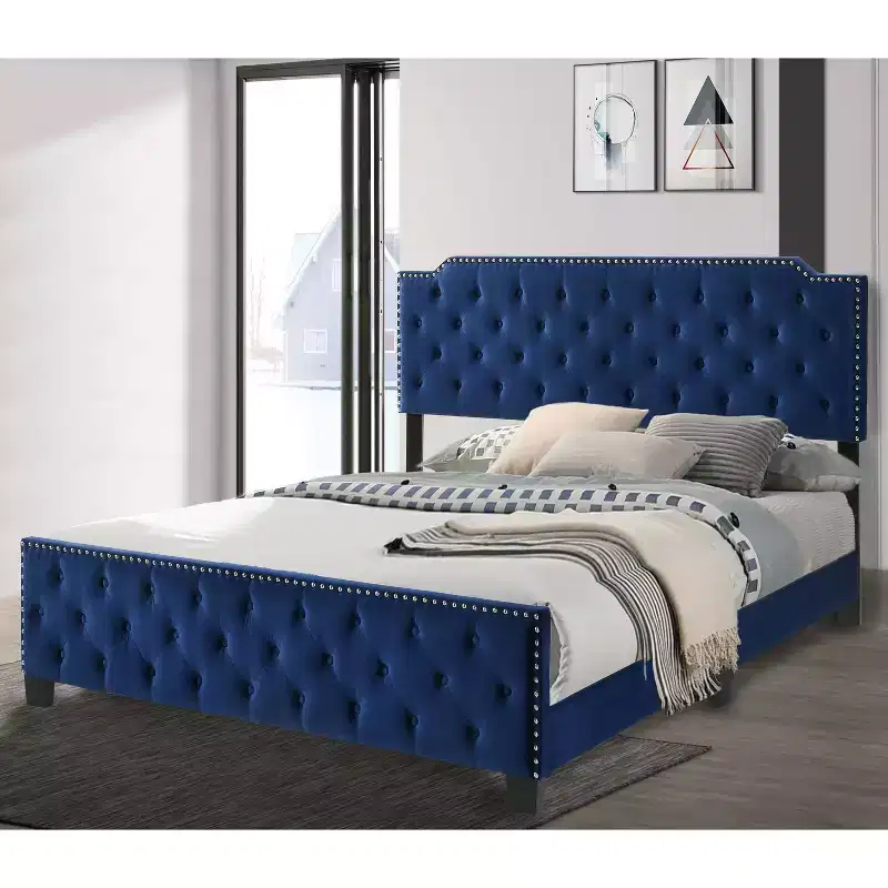 California King Tufted Panel Bed with Nailhead Trim | Navy Blue